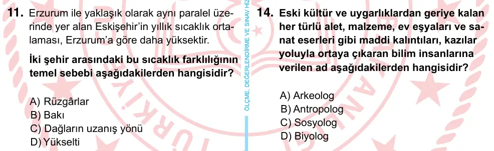 6. Sınıf Sosyal Bilgiler 2024 İOKBS Bursluluk Sınavı 11. Soru görseli