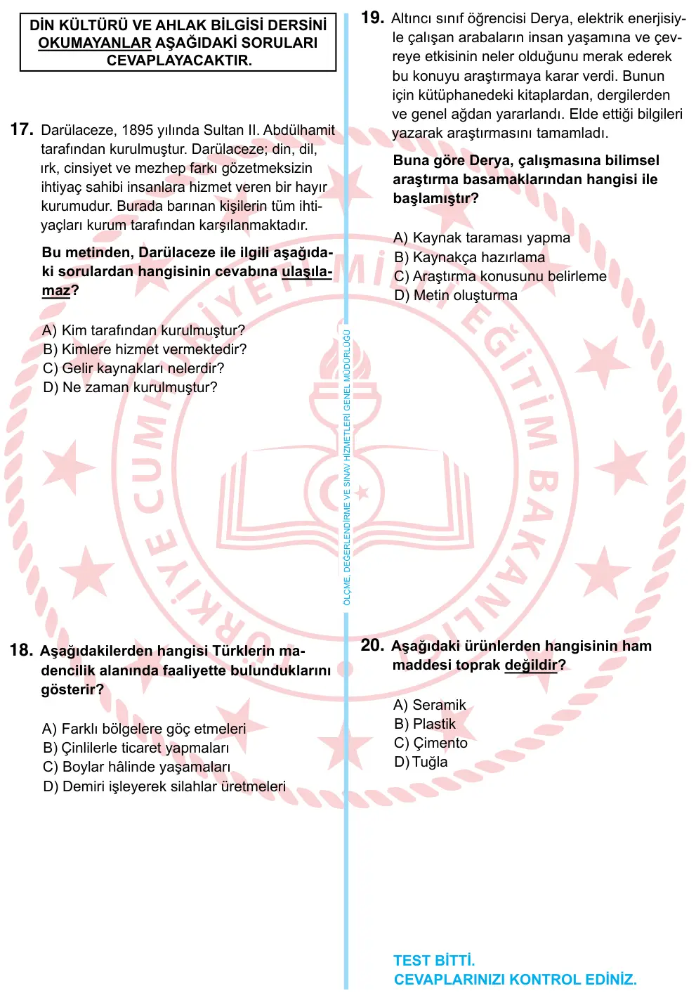 6. Sınıf Sosyal Bilgiler 2024 İOKBS Bursluluk Sınavı 20. Soru görseli (2/3)
