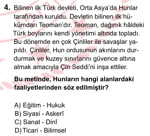 6. Sınıf Sosyal Bilgiler 2024 İOKBS Bursluluk Sınavı 4. Soru görseli