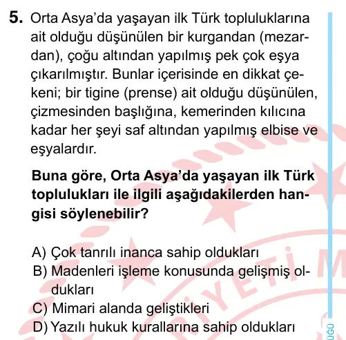 6. Sınıf Sosyal Bilgiler 2024 İOKBS Bursluluk Sınavı 5. Soru görseli