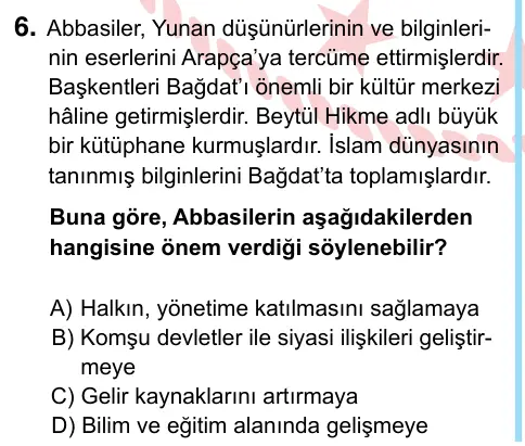 6. Sınıf Sosyal Bilgiler 2024 İOKBS Bursluluk Sınavı 6. Soru görseli
