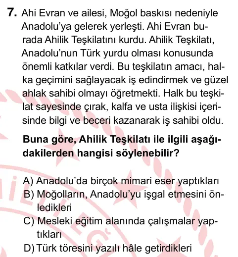 6. Sınıf Sosyal Bilgiler 2024 İOKBS Bursluluk Sınavı 7. Soru görseli