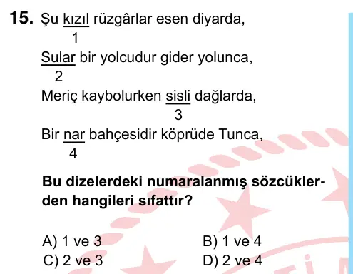 6. Sınıf Türkçe 2024 İOKBS Bursluluk Sınavı 15. Soru görseli