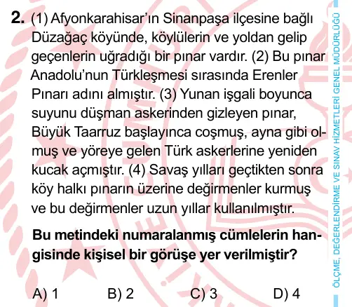 6. Sınıf Türkçe 2024 İOKBS Bursluluk Sınavı 2. Soru görseli