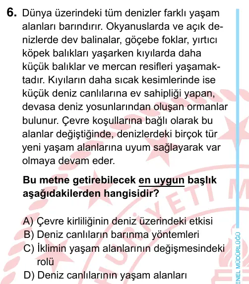 6. Sınıf Türkçe 2024 İOKBS Bursluluk Sınavı 6. Soru görseli