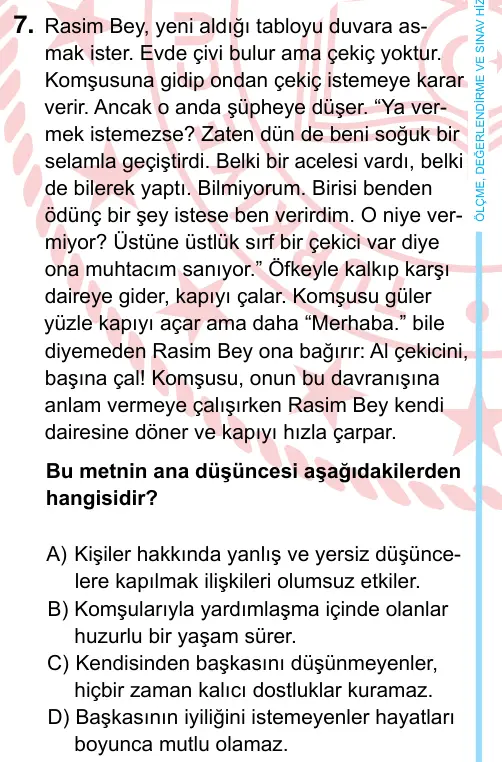6. Sınıf Türkçe 2024 İOKBS Bursluluk Sınavı 7. Soru görseli
