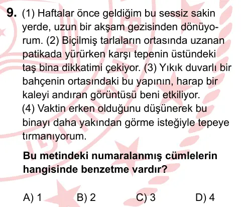 6. Sınıf Türkçe 2024 İOKBS Bursluluk Sınavı 9. Soru görseli