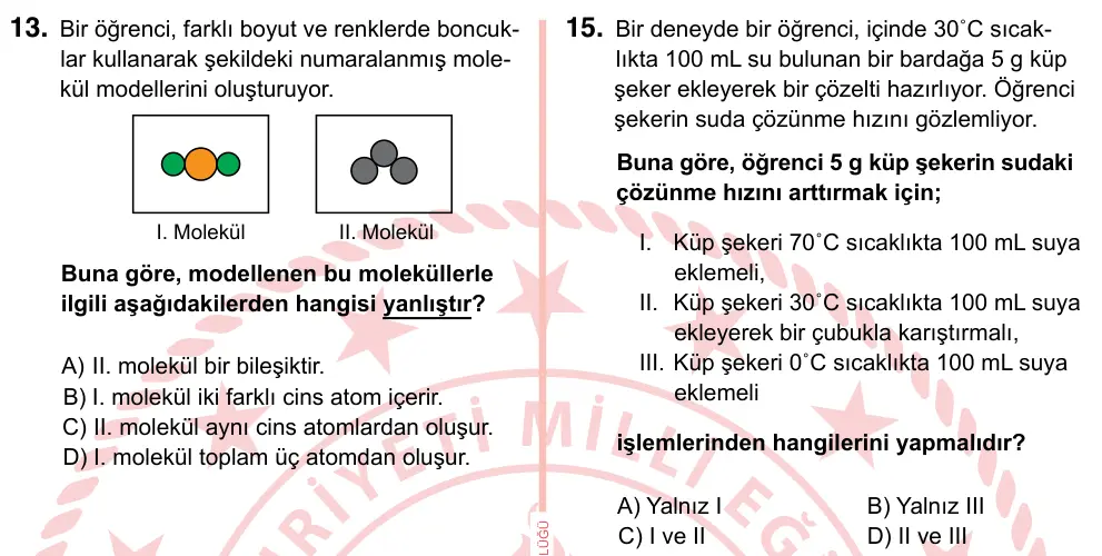7. Sınıf Fen Bilimleri 2024 İOKBS Bursluluk Sınavı 15. Soru görseli