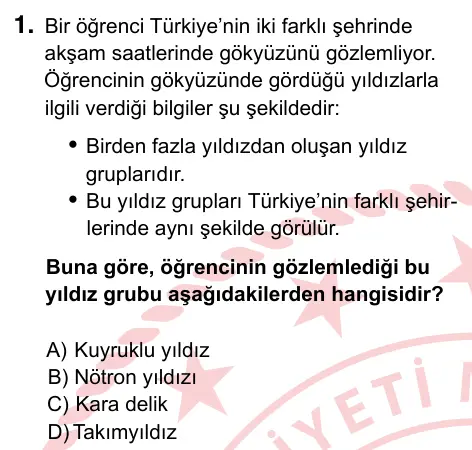 7. Sınıf Fen Bilimleri 2024 İOKBS Bursluluk Sınavı 1. Soru görseli