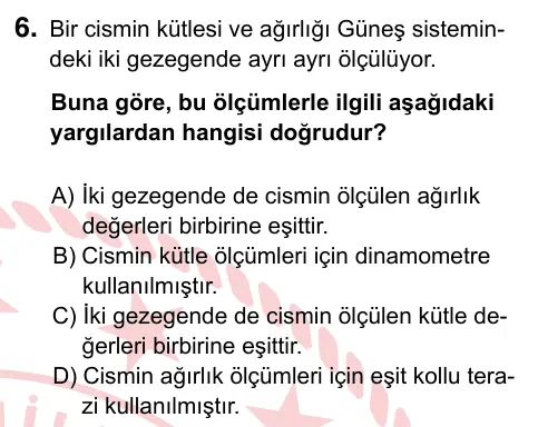 7. Sınıf Fen Bilimleri 2024 İOKBS Bursluluk Sınavı 6. Soru görseli