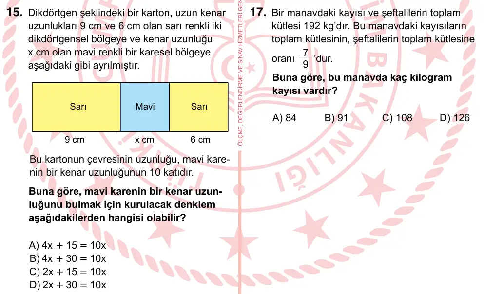 7. Sınıf Matematik 2024 İOKBS Bursluluk Sınavı 15. Soru görseli