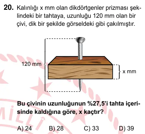 7. Sınıf Matematik 2024 İOKBS Bursluluk Sınavı 20. Soru görseli