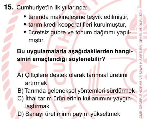 7. Sınıf Sosyal Bilgiler 2024 İOKBS Bursluluk Sınavı 15. Soru görseli