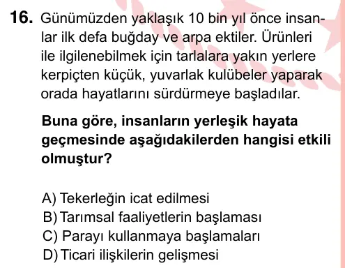 7. Sınıf Sosyal Bilgiler 2024 İOKBS Bursluluk Sınavı 16. Soru görseli (1/2)