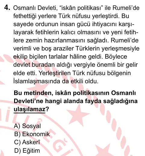 7. Sınıf Sosyal Bilgiler 2024 İOKBS Bursluluk Sınavı 4. Soru görseli