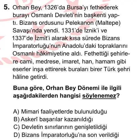 7. Sınıf Sosyal Bilgiler 2024 İOKBS Bursluluk Sınavı 5. Soru görseli