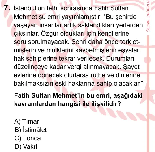 7. Sınıf Sosyal Bilgiler 2024 İOKBS Bursluluk Sınavı 7. Soru görseli