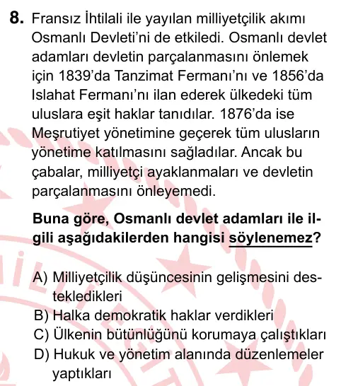 7. Sınıf Sosyal Bilgiler 2024 İOKBS Bursluluk Sınavı 8. Soru görseli