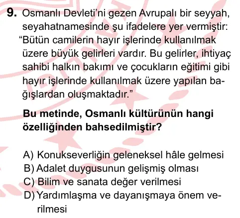 7. Sınıf Sosyal Bilgiler 2024 İOKBS Bursluluk Sınavı 9. Soru görseli