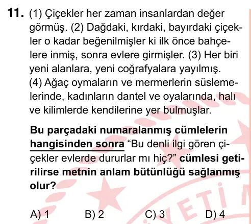 7. Sınıf Türkçe 2024 İOKBS Bursluluk Sınavı 11. Soru görseli