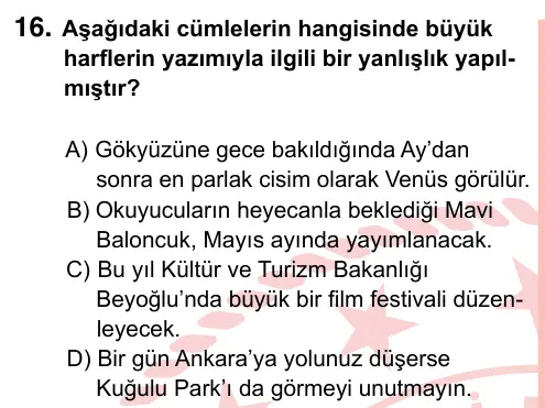 7. Sınıf Türkçe 2024 İOKBS Bursluluk Sınavı 16. Soru görseli