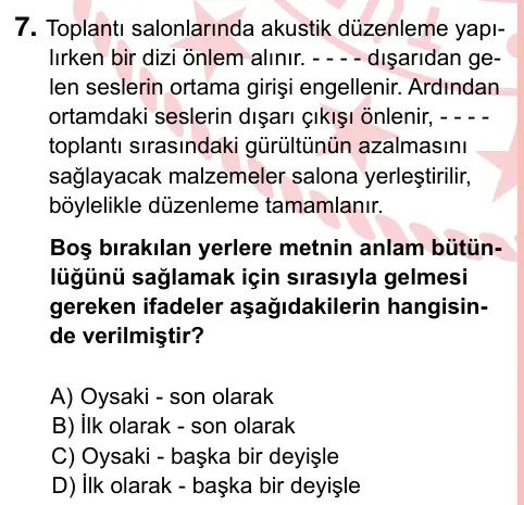 7. Sınıf Türkçe 2024 İOKBS Bursluluk Sınavı 7. Soru görseli