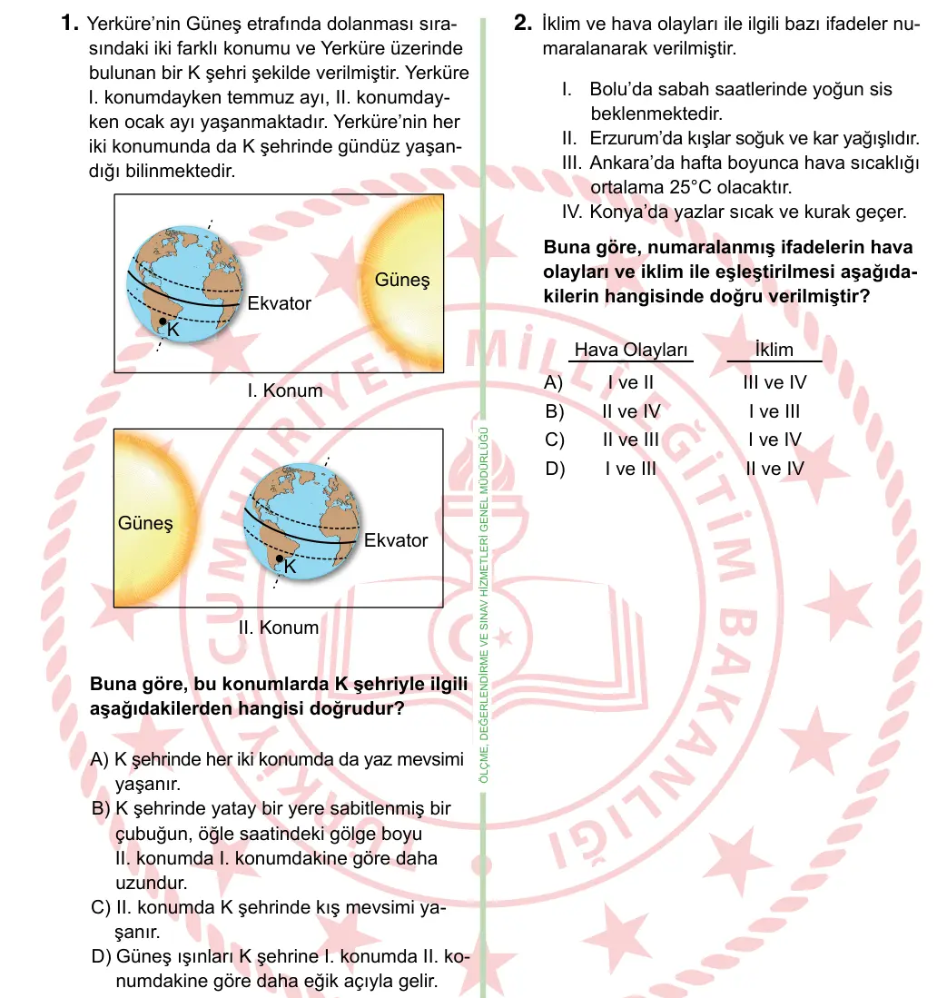8. Sınıf ve Hazırlık Fen Bilimleri 2024 İOKBS Bursluluk Sınavı 1. Soru görseli