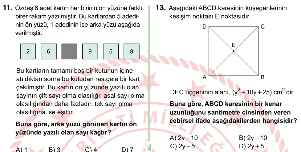 8. Sınıf ve Hazırlık Matematik 2024 İOKBS Bursluluk Sınavı 13. Soru görseli