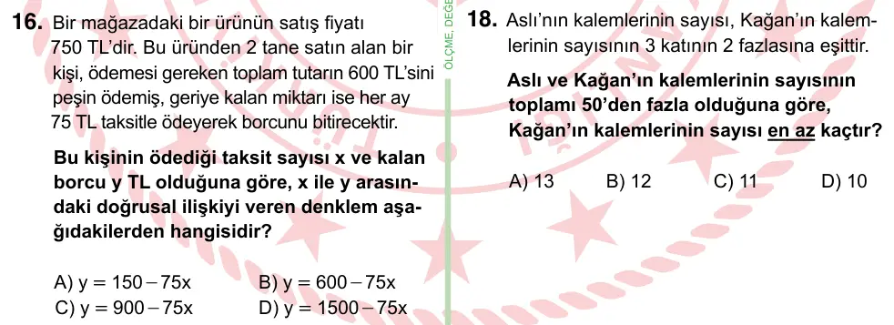 8. Sınıf ve Hazırlık Matematik 2024 İOKBS Bursluluk Sınavı 16. Soru görseli