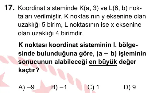 8. Sınıf ve Hazırlık Matematik 2024 İOKBS Bursluluk Sınavı 17. Soru görseli