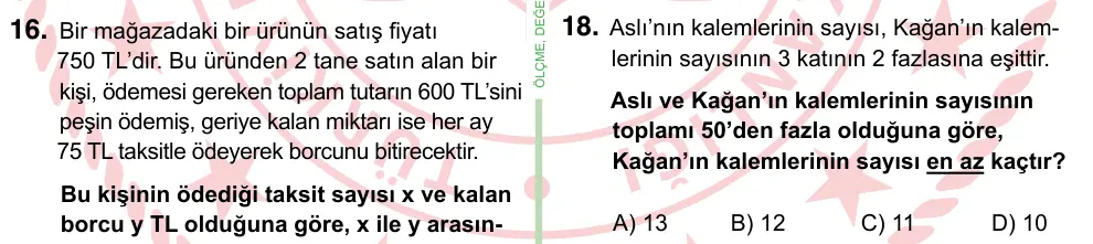 8. Sınıf ve Hazırlık Matematik 2024 İOKBS Bursluluk Sınavı 18. Soru görseli