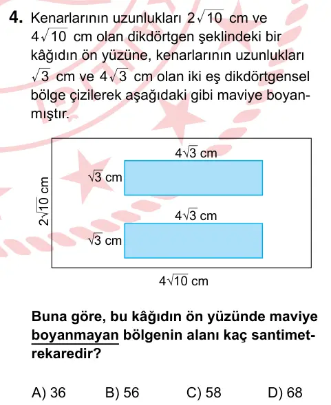 8. Sınıf ve Hazırlık Matematik 2024 İOKBS Bursluluk Sınavı 4. Soru görseli
