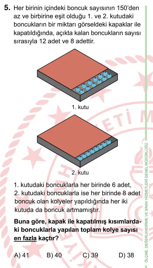 8. Sınıf ve Hazırlık Matematik 2024 İOKBS Bursluluk Sınavı 5. Soru görseli