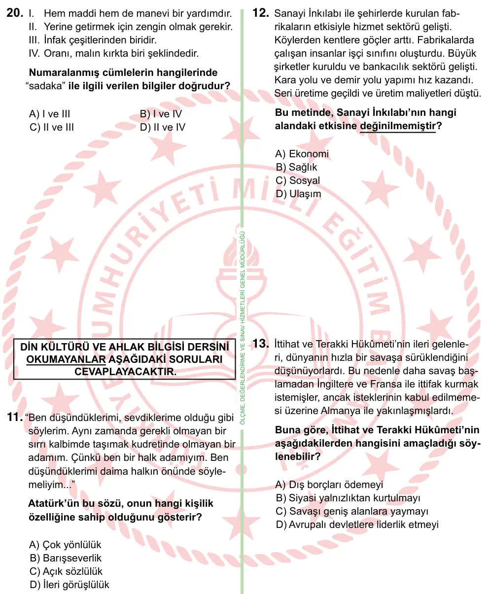 8. Sınıf ve Hazırlık Sosyal Bilgiler 2024 İOKBS Bursluluk Sınavı 20. Soru görseli (1/4)