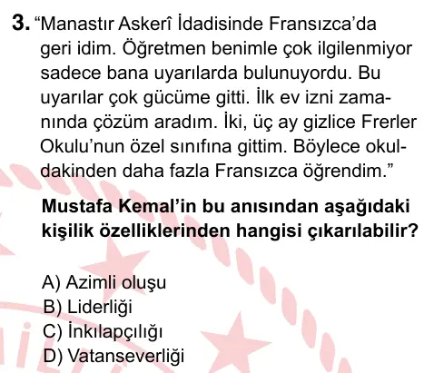 8. Sınıf ve Hazırlık Sosyal Bilgiler 2024 İOKBS Bursluluk Sınavı 3. Soru görseli