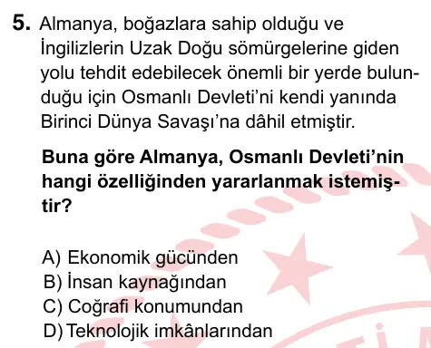 8. Sınıf ve Hazırlık Sosyal Bilgiler 2024 İOKBS Bursluluk Sınavı 5. Soru görseli