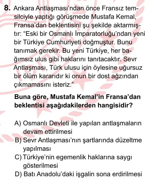 8. Sınıf ve Hazırlık Sosyal Bilgiler 2024 İOKBS Bursluluk Sınavı 8. Soru görseli