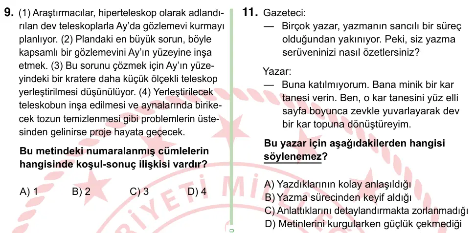 8. Sınıf ve Hazırlık Türkçe 2024 İOKBS Bursluluk Sınavı 11. Soru görseli