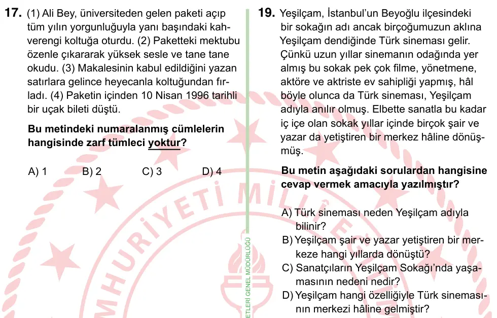 8. Sınıf ve Hazırlık Türkçe 2024 İOKBS Bursluluk Sınavı 19. Soru görseli