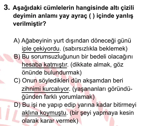 8. Sınıf ve Hazırlık Türkçe 2024 İOKBS Bursluluk Sınavı 3. Soru görseli