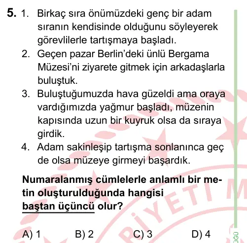 8. Sınıf ve Hazırlık Türkçe 2024 İOKBS Bursluluk Sınavı 5. Soru görseli