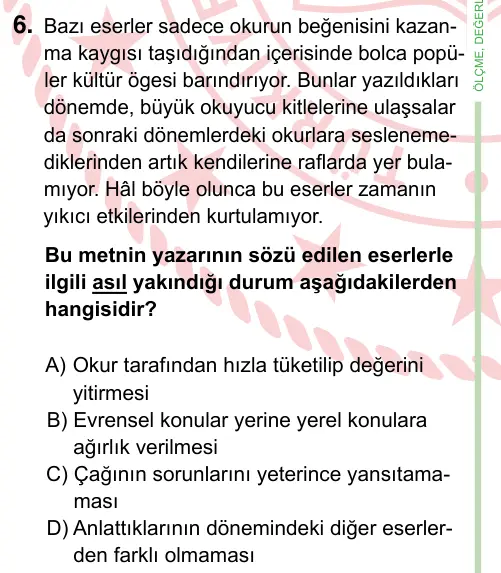 8. Sınıf ve Hazırlık Türkçe 2024 İOKBS Bursluluk Sınavı 6. Soru görseli