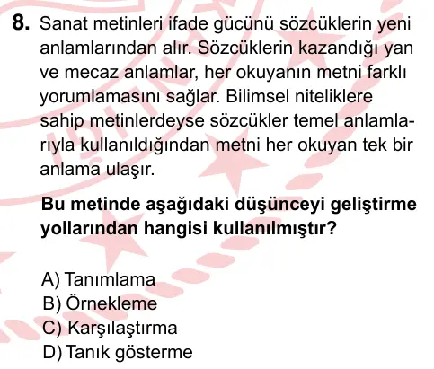 8. Sınıf ve Hazırlık Türkçe 2024 İOKBS Bursluluk Sınavı 8. Soru görseli