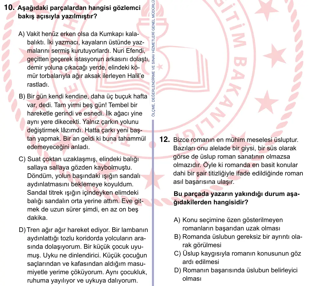 9, 10, 11. Sınıf Türk Dili ve Edebiyatı 2024 İOKBS Bursluluk Sınavı 10. Soru görseli