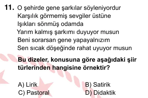 9, 10, 11. Sınıf Türk Dili ve Edebiyatı 2024 İOKBS Bursluluk Sınavı 11. Soru görseli