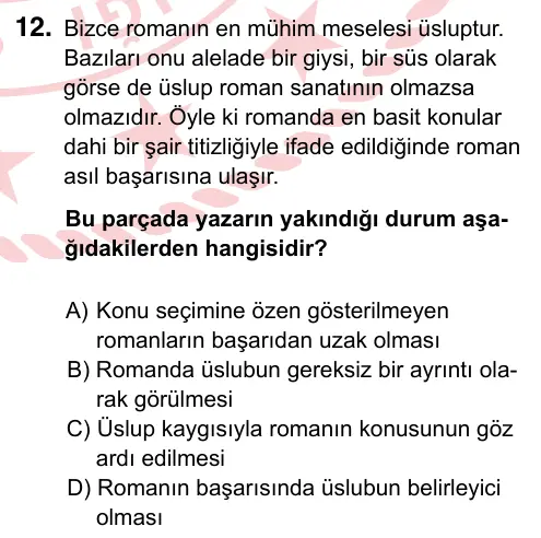 9, 10, 11. Sınıf Türk Dili ve Edebiyatı 2024 İOKBS Bursluluk Sınavı 12. Soru görseli