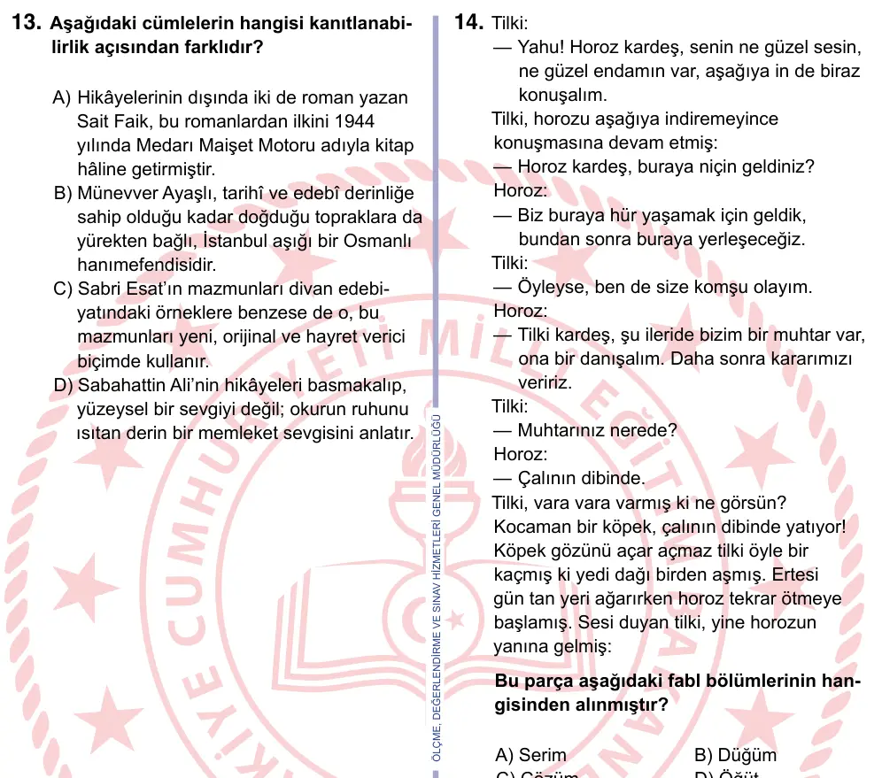 9, 10, 11. Sınıf Türk Dili ve Edebiyatı 2024 İOKBS Bursluluk Sınavı 13. Soru görseli