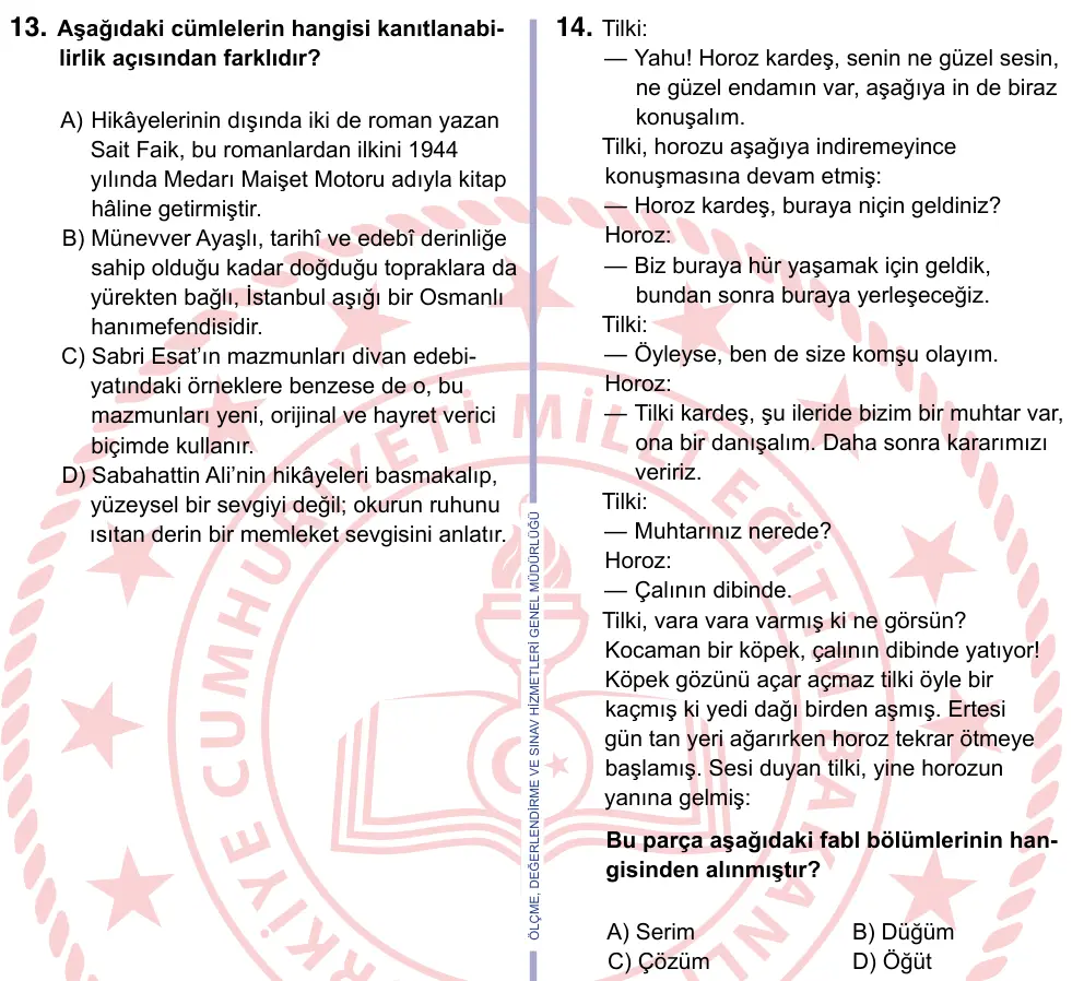9, 10, 11. Sınıf Türk Dili ve Edebiyatı 2024 İOKBS Bursluluk Sınavı 14. Soru görseli