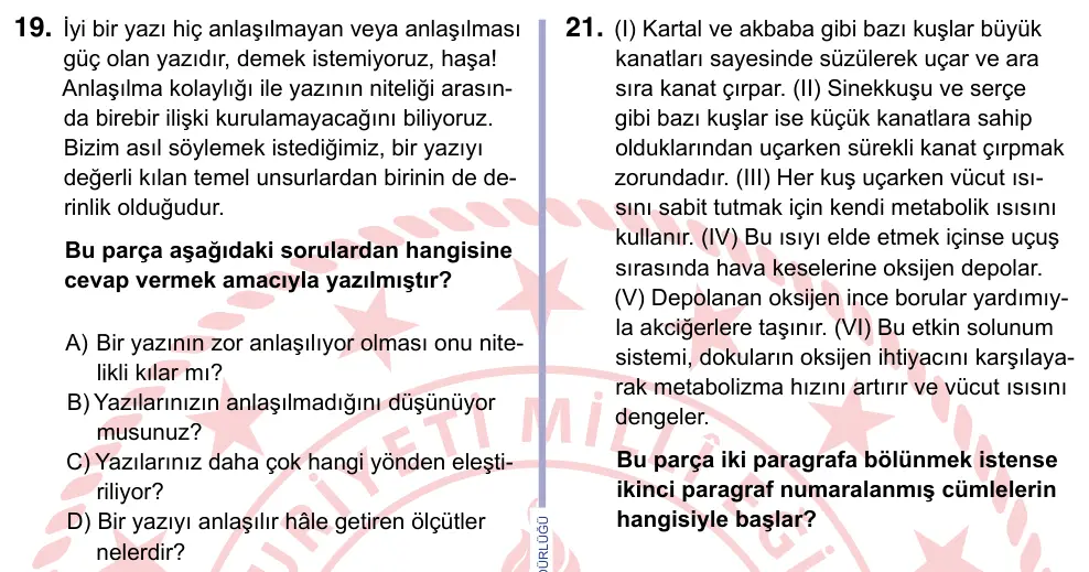 9, 10, 11. Sınıf Türk Dili ve Edebiyatı 2024 İOKBS Bursluluk Sınavı 19. Soru görseli