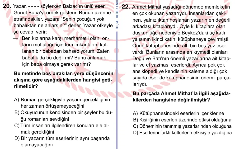 9, 10, 11. Sınıf Türk Dili ve Edebiyatı 2024 İOKBS Bursluluk Sınavı 20. Soru görseli